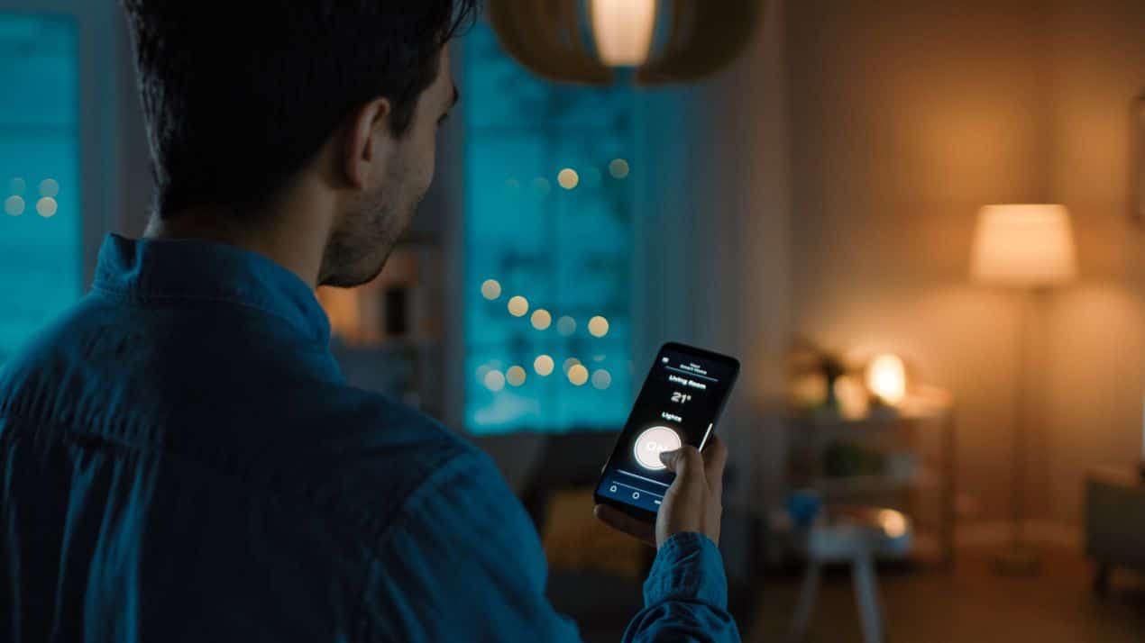 Man using a smartphone app to adjust home airflow and lighting with a smart sensor in a cozy living room