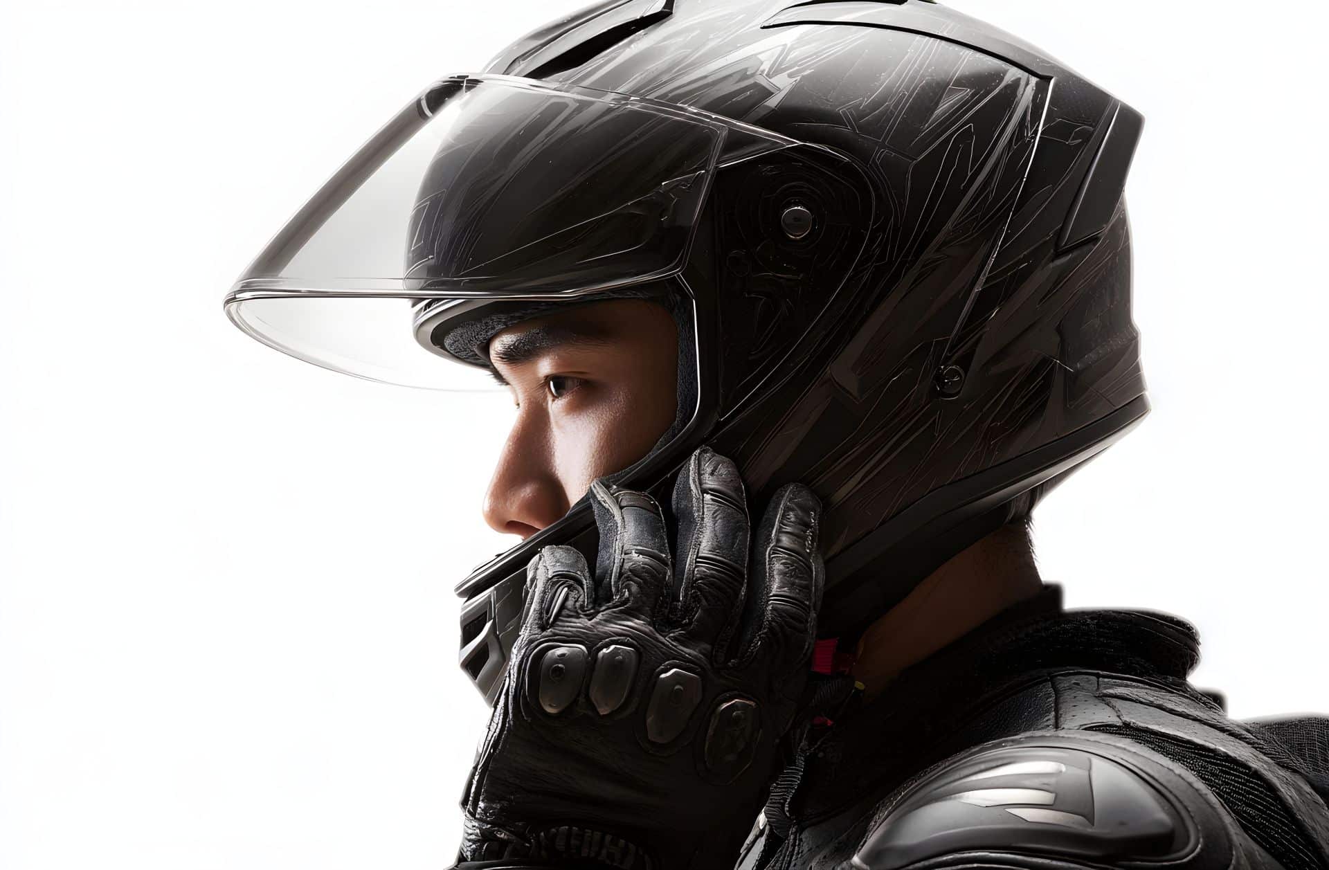Motorradfahrer mit Handschuhen setzt einen Helm auf, Seitenansicht; steht für Schutz, Komfort und die präzise Passform von Shoei Helmen.