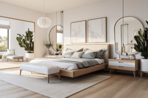 Ein zeitgemäßes Schlafzimmer, das hell ist und Spiegel in seinem Innendesign aufweist.