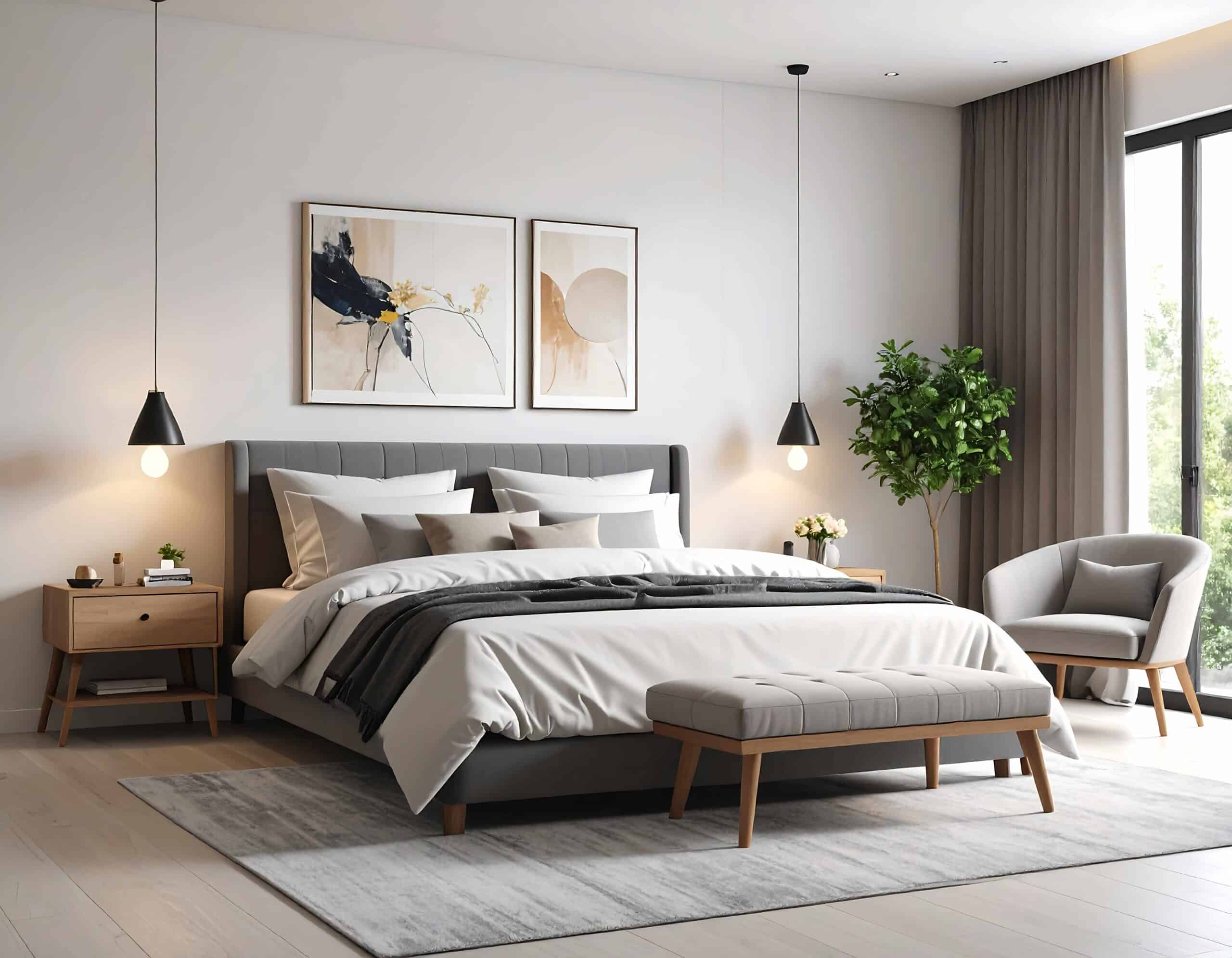 Modernes Schlafzimmer mit grauem gepolstertem Bett, Nachttischen aus hellem Holz und einer Bank sowie neutraler Dekoration